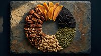 Circular arrangement of premium nuts and dried fruits on dark slate surface creating colorful healthy snack display for nutrition and wellness concepts.