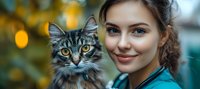 Young woman with blue eyes holding tabby cat with yellow eyes against blurred bokeh background in nature setting.