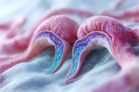 Microscopic view of intestinal villi in pink and blue colors showing absorptive surface of small intestine with detailed cellular structure. Medical science visualization.