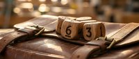 Vintage wooden number blocks displaying 93 on aged leather briefcase with warm lighting creating nostalgic business atmosphere for retro office concepts.