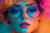 Close up portrait of young woman wearing round glasses in vibrant neon lighting with pink and turquoise colors, bright makeup and glossy lips against colorful background.
