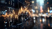 Financial data visualization with glowing charts and graphs overlaying blurred city lights background for business analytics and market research presentations.