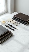 Elegant office workspace with leather notebooks, fountain pens and business accessories arranged on marble desk near window for professional branding.