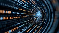 Digital binary code tunnel with glowing blue light center and streaming data visualization in dark background, representing cyber technology and data flow.
