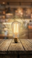 Vintage Edison bulb with hand-drawn kitchen utensils on wooden table in blurred restaurant background for culinary creativity and cooking inspiration.