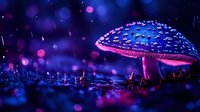 Glowing pink mushroom with water drops in dark forest at night, magical atmosphere with purple bokeh lights and mystical fog creating enchanted nature scene.