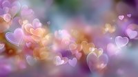 Romantic heart-shaped bokeh lights in soft purple, pink and golden tones creating dreamy Valentine's Day background for love-themed designs and greeting cards.