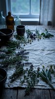 Fresh lavender herbs and chamomile flowers scattered on linen cloth with ceramic bowls and glass bottles for natural aromatherapy and herbal medicine preparation.
