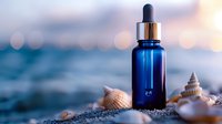 Blue glass dropper bottle with seashells on sandy beach at sunset, bokeh background creates spa-like atmosphere for wellness and aromatherapy products.