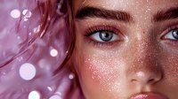 Young woman with freckles and glowing glitter makeup on face against pink background with bokeh lights, closeup beauty portrait showing bright blue eyes.