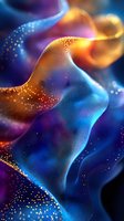 Abstract flowing waves with glowing particles in blue and orange colors create dynamic motion effect against dark background, suitable for modern design projects.