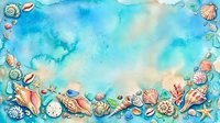 Watercolor seashells and marine treasures frame with blue ocean background for summer vacation designs, greeting cards and coastal themed projects.
