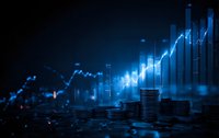 Financial growth concept with glowing blue bar charts and coin stacks representing investment success and market analysis for business presentations.