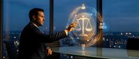 Professional businessman in dark suit interacting with glowing digital justice scales hologram in modern office overlooking city skyline at dusk.