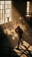 Boxer training in atmospheric gym with dramatic sunlight streaming through windows creating dust particles and shadows on floor for sports content.