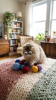 Adorable fluffy kitten with big eyes playing with colorful yarn balls on knitted blanket in cozy living room with books and plants for crafting content.