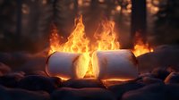 Roasted marshmallows on sticks over campfire flames at night, glowing golden against dark forest background, creating cozy outdoor atmosphere.