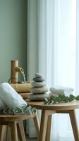 Zen spa setup with stacked stones, bamboo fountain, white towels and eucalyptus on wooden table for wellness and relaxation treatments.