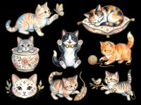 Adorable cat collection featuring eight playful felines in various poses. Isolated on transparent background, ready for t-shirts, stickers, clipart, sublimation and print-on-demand designs.
