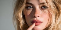 Close-up portrait of young Caucasian woman with freckles and blonde hair touching her lips against neutral background, conveying thoughtful expression.