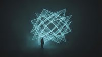 Silhouette of person standing before glowing geometric wireframe structure in dark space, representing innovation, technology, complexity, and abstract concepts for business and design projects.