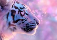 Majestic white tiger profile against dreamy pink and blue sky with glowing sparkles, showing detailed fur texture and distinctive stripes in soft ethereal lighting.