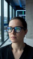 Professional Caucasian businesswoman wearing glasses in modern office corridor with natural lighting and contemporary architecture for corporate presentations.