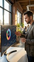 Male business professional analyzing financial data on digital display in modern loft office with brick walls and natural light, suitable for business, finance, and technology concepts.