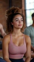 Young mixed race woman with curly hair wearing pink sports bra during yoga class, looking peaceful and confident while practicing mindfulness and wellness activities.