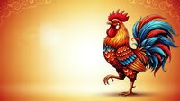 Colorful rooster with ornate feathers standing on warm gradient background with decorative swirls for greeting cards and festive designs.