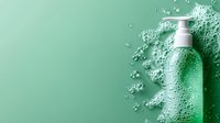 Green cosmetic bottle with pump dispenser surrounded by water droplets and bubbles on mint background for skincare and beauty product advertising.