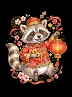 Cute raccoon wearing traditional red and gold festive clothing with lantern, isolated on transparent background. Ready for t-shirts, stickers, clipart, sublimation and print-on-demand designs.