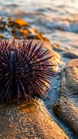Purple sea urchin on rocky coastline at golden hour with warm sunlight reflecting on ocean waves and tide pools for marine biology content.