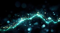 Glowing turquoise energy wave with sparkles and bokeh effects on dark background, dynamic light trail with magical particles flowing in motion.