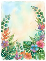 Watercolor tropical floral border frame with monstera leaves, ferns, and hibiscus flowers on soft pastel background with copy space.