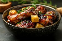 Glazed chicken drumsticks with roasted potatoes in black ceramic bowl, garnished with fresh herbs. Juicy meat with golden-brown crispy skin and caramelized sauce.
