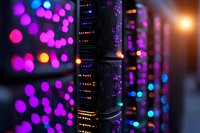 Modern server room with glowing purple and blue LED lights creating bokeh effect against dark rack mounted equipment, highlighting technology infrastructure.