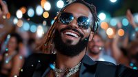 Joyful African American man with dreadlocks and sunglasses smiling at night party, bokeh lights background, wearing black blazer and silver necklace.