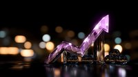 Glowing neon purple arrow graph rises among gold bars and coins against dark background with bokeh lights, representing financial growth and success.