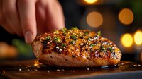 Juicy grilled chicken breast with herbs and spices on wooden cutting board against blurred warm lights background, close up view of meat preparation.