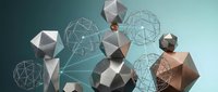 Abstract geometric composition with metallic polyhedron shapes and wireframe spheres floating on gradient teal background for modern design projects.