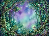 Enchanted forest frame with glowing magical lights, mystical woodland border with twisted trees, ferns, and luminous particles surrounding dreamy purple and turquoise sky backdrop for fantasy designs.
