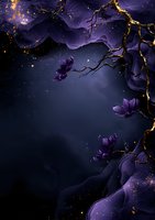 Mystical purple flowers with golden accents on dark background, flowing abstract waves and glowing particles create magical night atmosphere for fantasy designs.