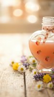Heart-shaped glass bottle with pink strawberry drink surrounded by wildflowers on rustic wooden table with warm bokeh background for romantic occasions.