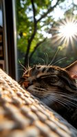 Sleepy tabby cat basking in warm sunlight through window, close-up portrait with sun rays and bokeh green background creating cozy atmosphere.