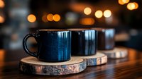 Two dark ceramic mugs sit on rustic wooden coasters against warm bokeh lights, ideal for beverage, lifestyle, and product mockup designs.
