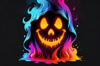 Glowing jack o lantern face with neon rainbow flames and smoke effect on dark background, spooky halloween design element for seasonal decoration.