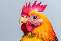 Close-up portrait of colorful rooster with bright red comb and vibrant orange-yellow feathers against light blue background.