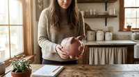 Young woman holding ceramic piggy bank in cozy kitchen interior with natural lighting and rustic decor elements for financial planning concepts.