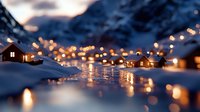 Cozy winter village with warm glowing lights reflecting on snowy ground at twilight, creating magical holiday atmosphere for seasonal greeting cards.